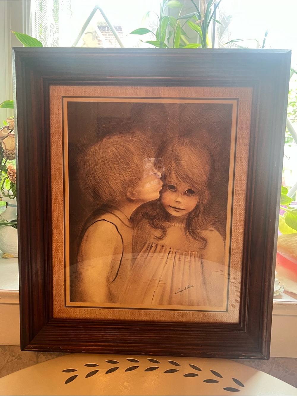 Framed Vintage-Margaret Kane portrait - of boy kissing a girl brown frame